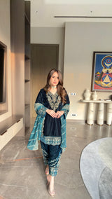 Aafreen Teal Blue Velvet Embroidered Set