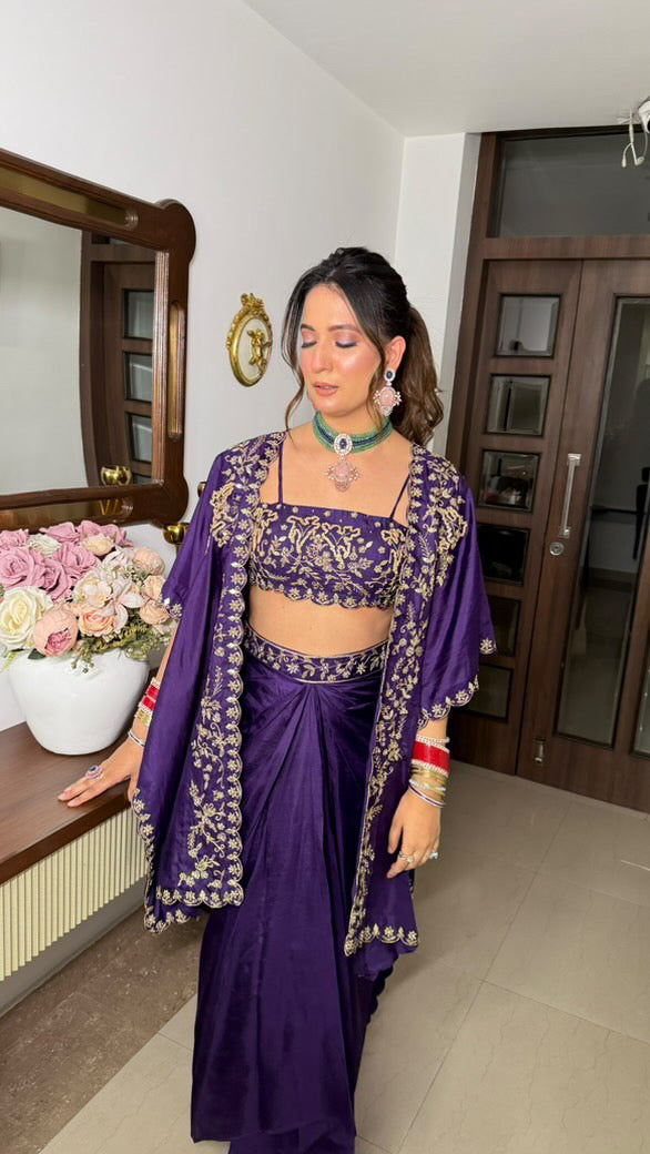 Wine Hand Embroidered Skirt Set