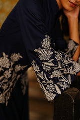 Navy Blue Embroidered Coat with Asymmetrical Pants