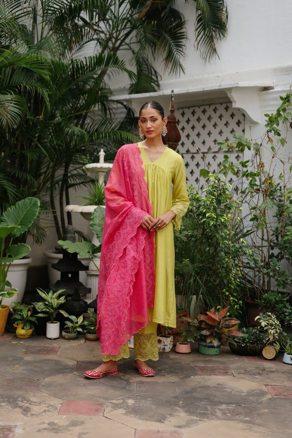 Green Embroidered Suit with Pink Dupatta