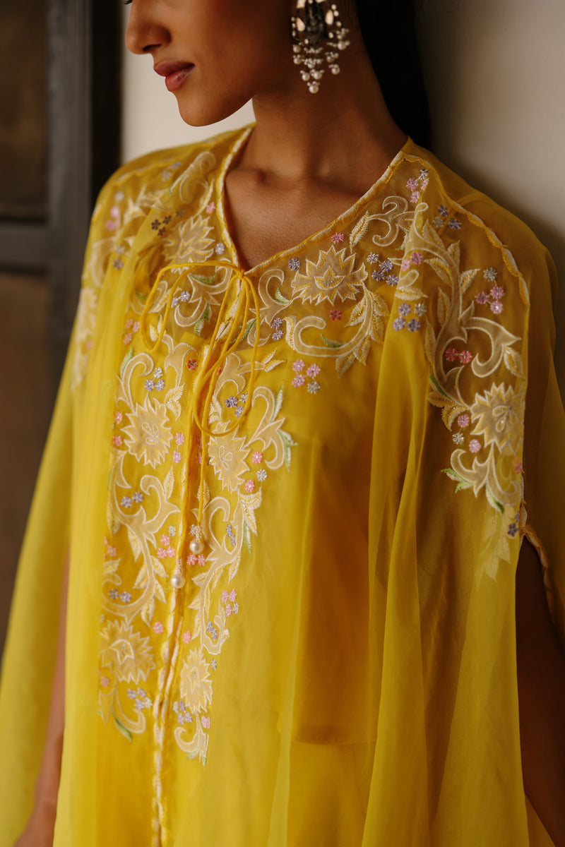 Sunshine Yellow Organza Embroidered Cape Set with Sharara
