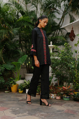 Multicolored Embroidered Black Suit Set with Organza Accents