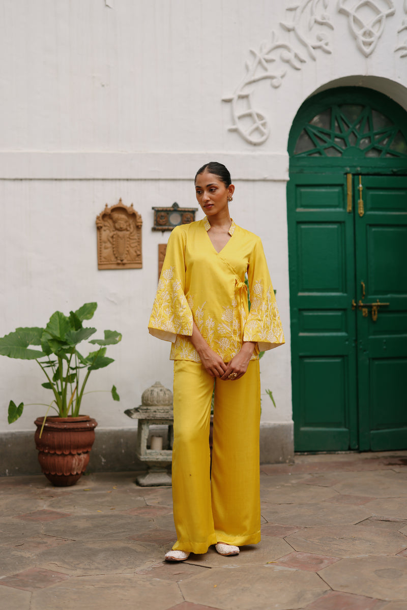 Yellow Angrakha Top with Wide Pants