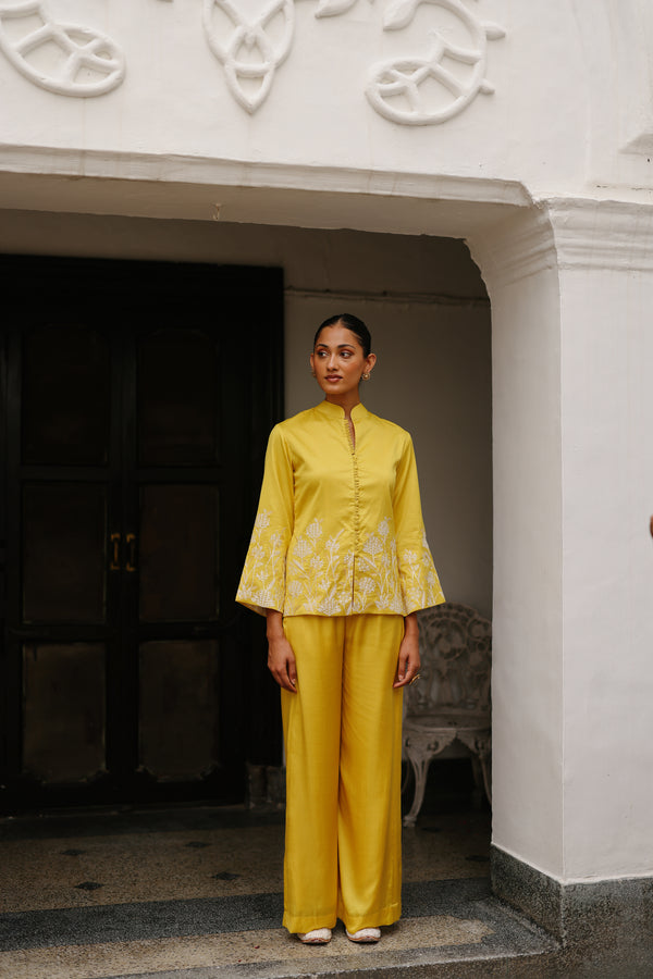 Yellow Embroidered Coat with Wide Pants