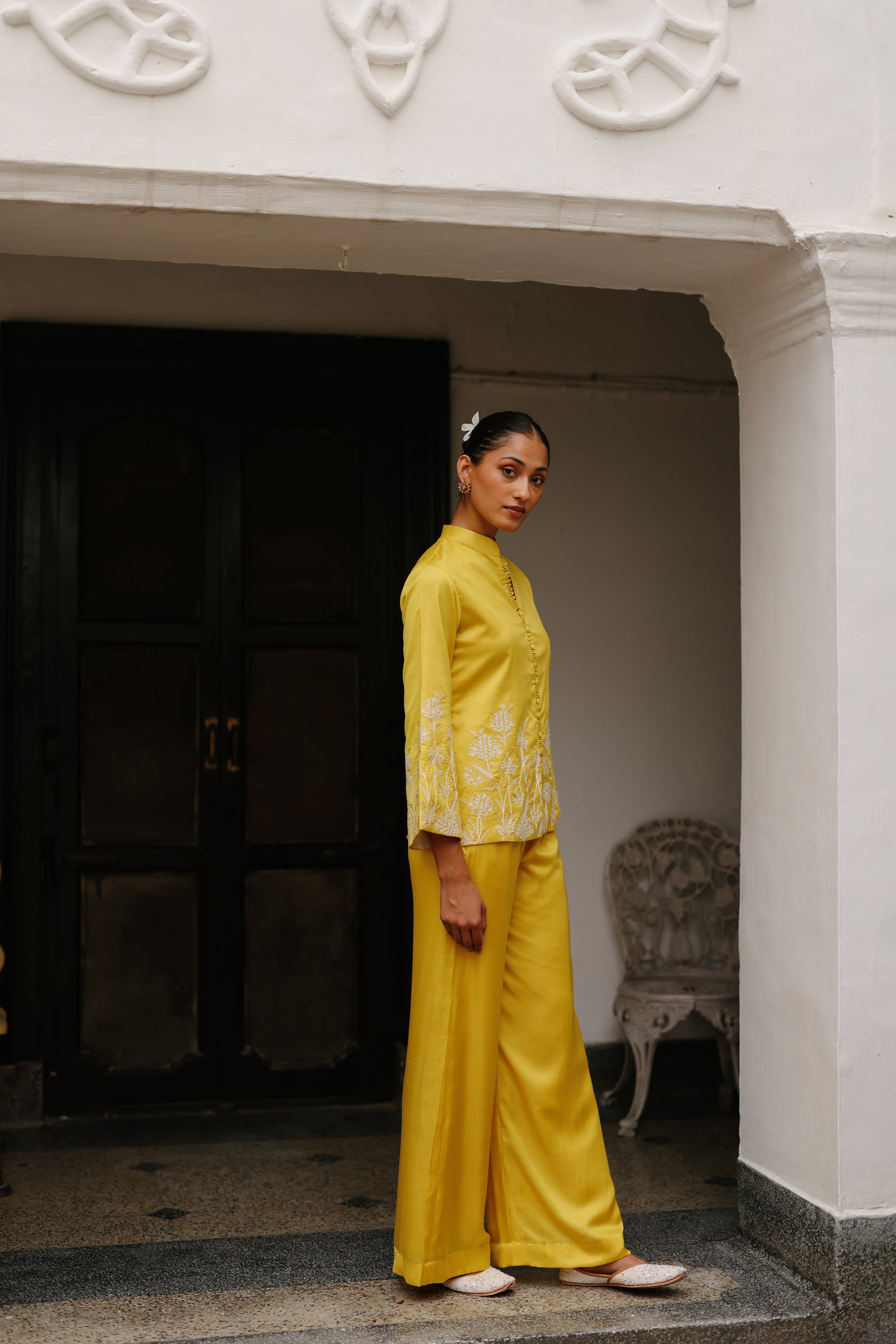 Inhing Shop Yellow Coat Set with Wide Pants for Women's-Inching India
