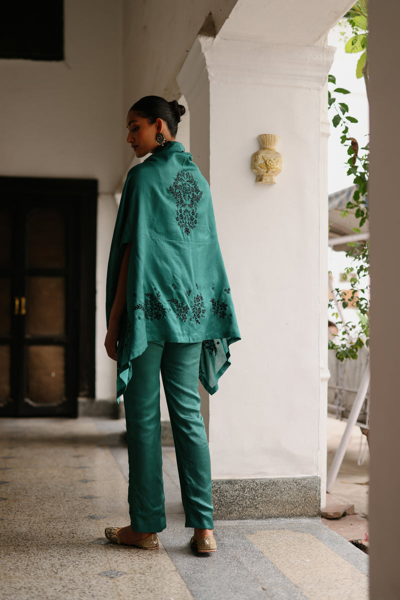 Bottle Green Embroidered Cape Set