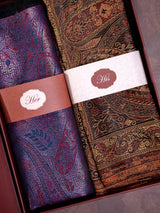 His & Her Kaani Jacquard Shawl Gift Set – Gold Black & Purple Blue Double-Sided Stoles| Wedding Gift for Couples