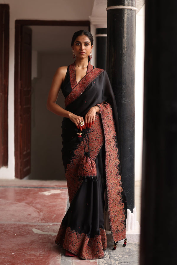 Black Hand Embroidered Paisley Saree- Inchingindia