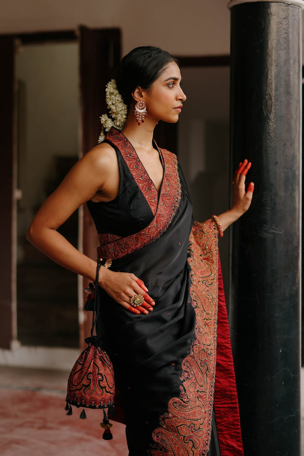 Black Hand Embroidered Paisley Saree- Inchingindia