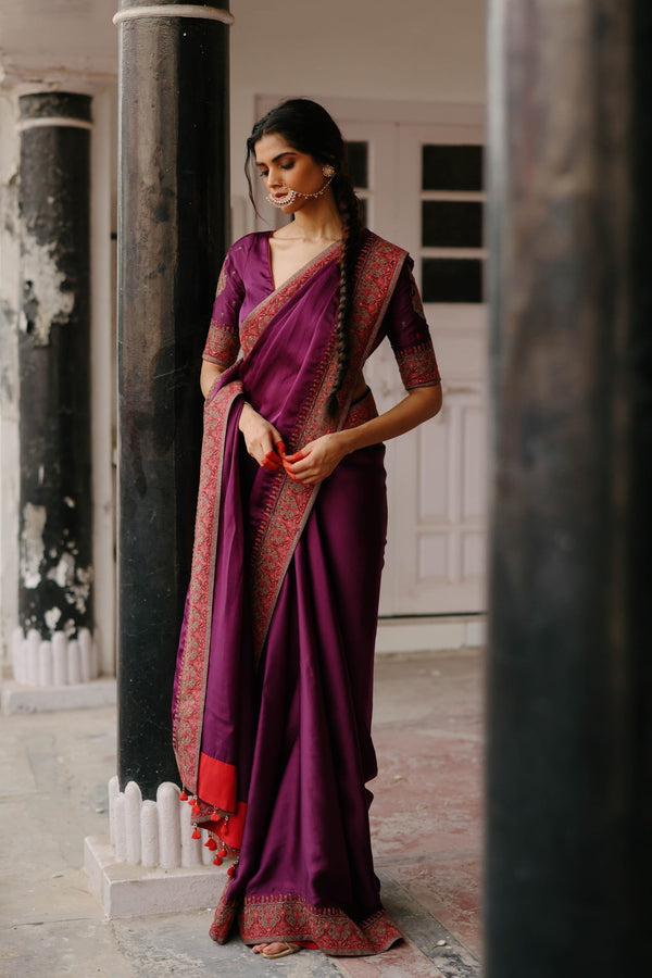 Wine Embroidered Saree- Inchingindia