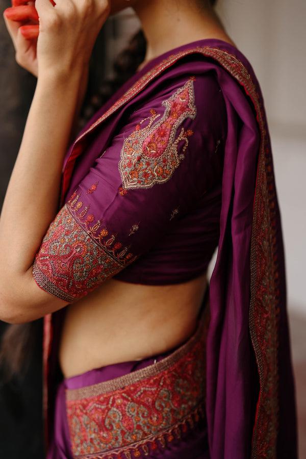 Wine Embroidered Saree- Inchingindia