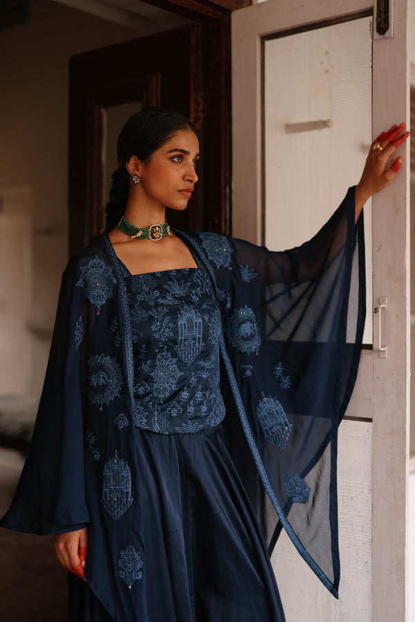 Navy Blue Embroidered Patchwork Cape Set- Inchingindia