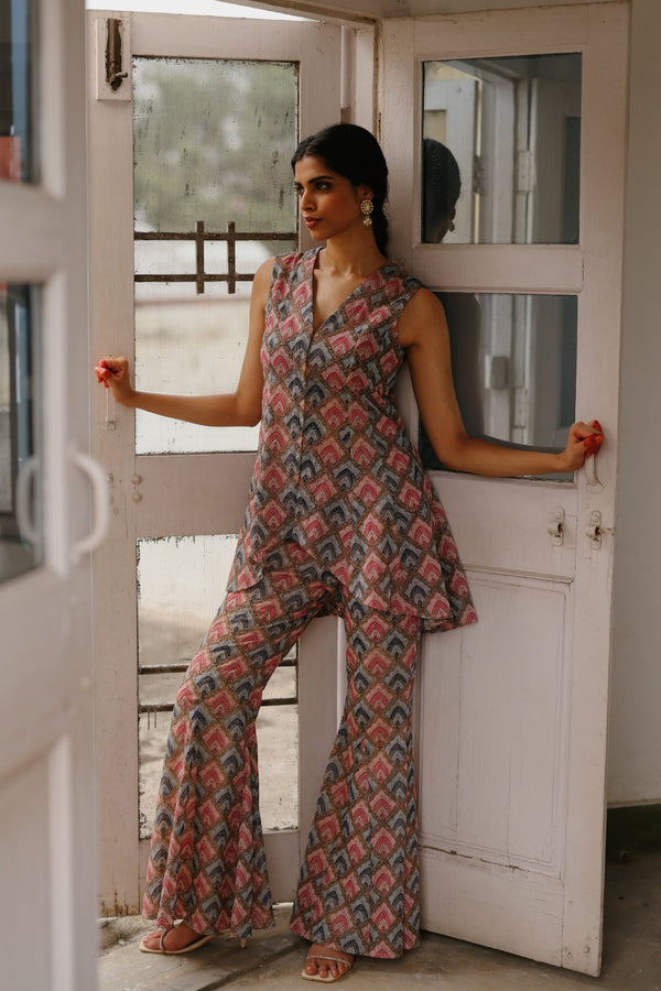 Pink-Blue Embroidered Peplum Set-Inchingindia