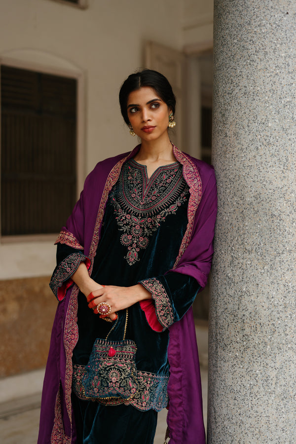 Blue Velvet Embroidered kurta Set with Wine Dupatta