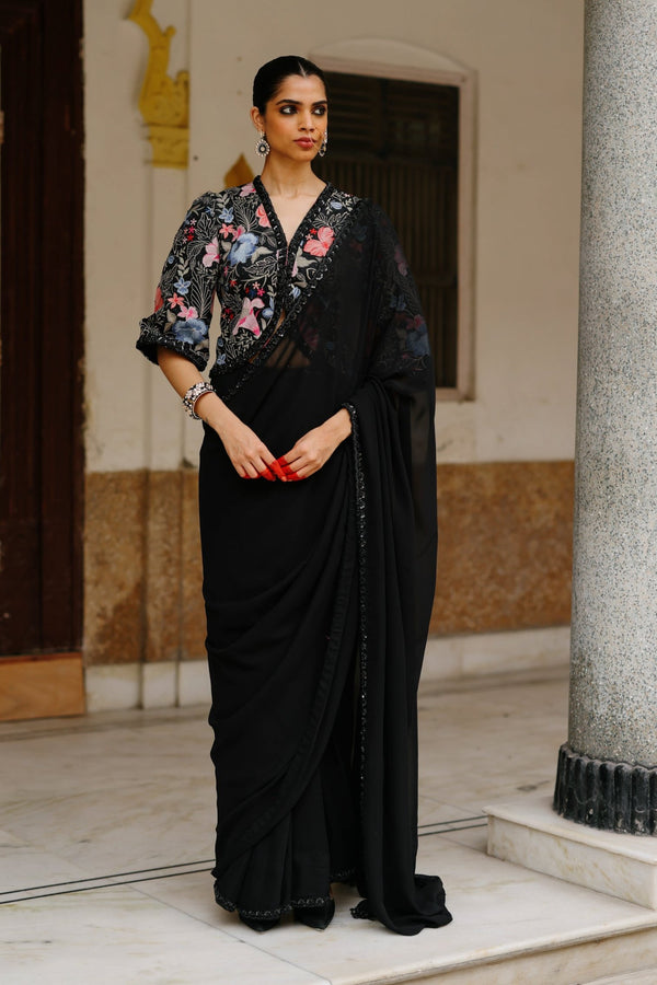 Black Floral Jacket with Saree for Women-Inching India