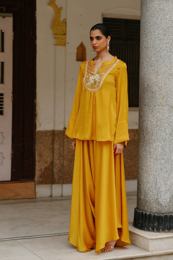 Mustard Embroidered Set with Assymetrical Pants- Inchingindia