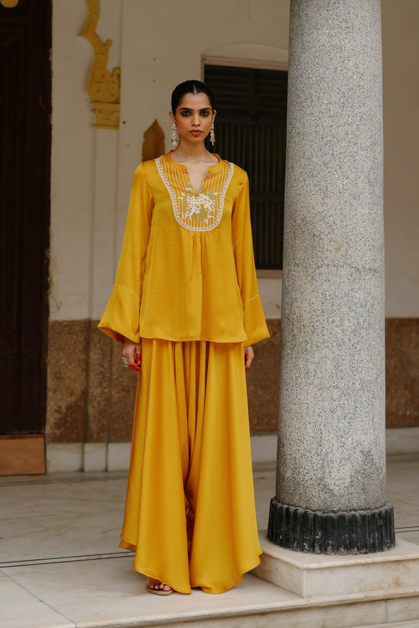 Mustard Embroidered Set with Assymetrical Pants- Inchingindia