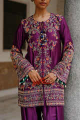 Wine Multi Fusion Embroidered Kurta Pant Set 