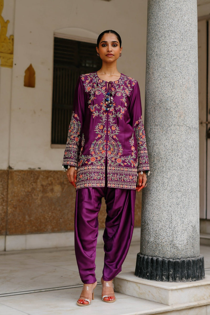 Wine Multi Fusion Embroidered Kurta Pant Set 