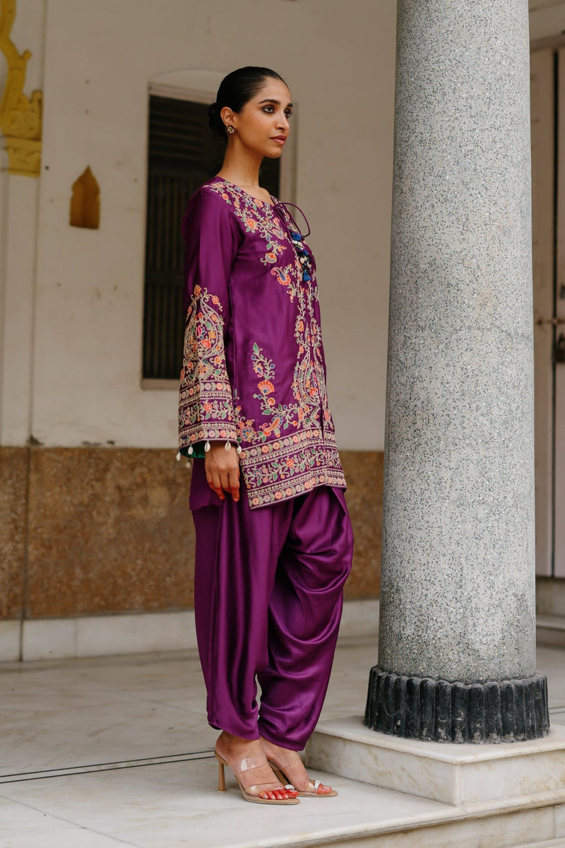 Wine Multi Fusion Embroidered Kurta Pant Set 