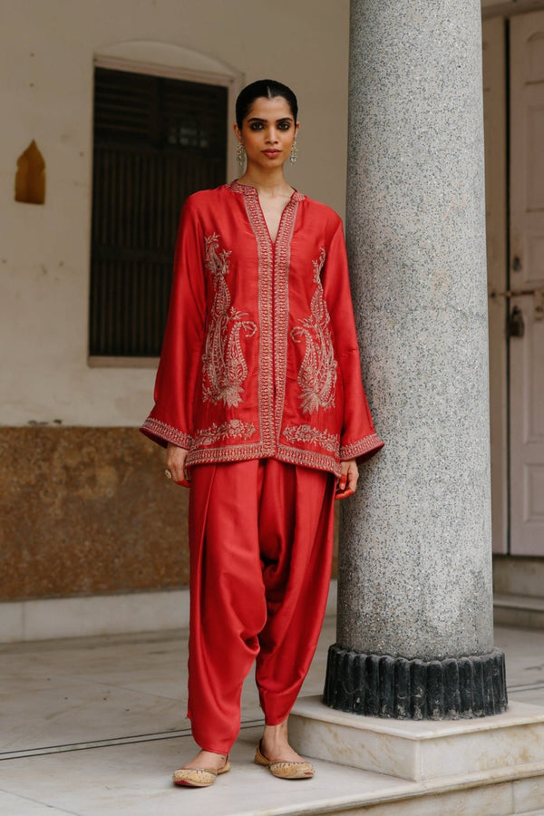 Rust Embroidered Dhoti Set- Inchingindia