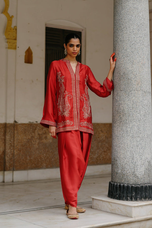 Rust Embroidered Dhoti Set- Inchingindia