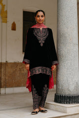 Black Velvet Suit Set with Contrast Pink Dupatta -Inching India 