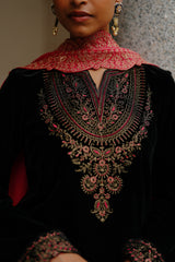 Black Velvet Suit Set with Contrast Pink Dupatta -Inching India 