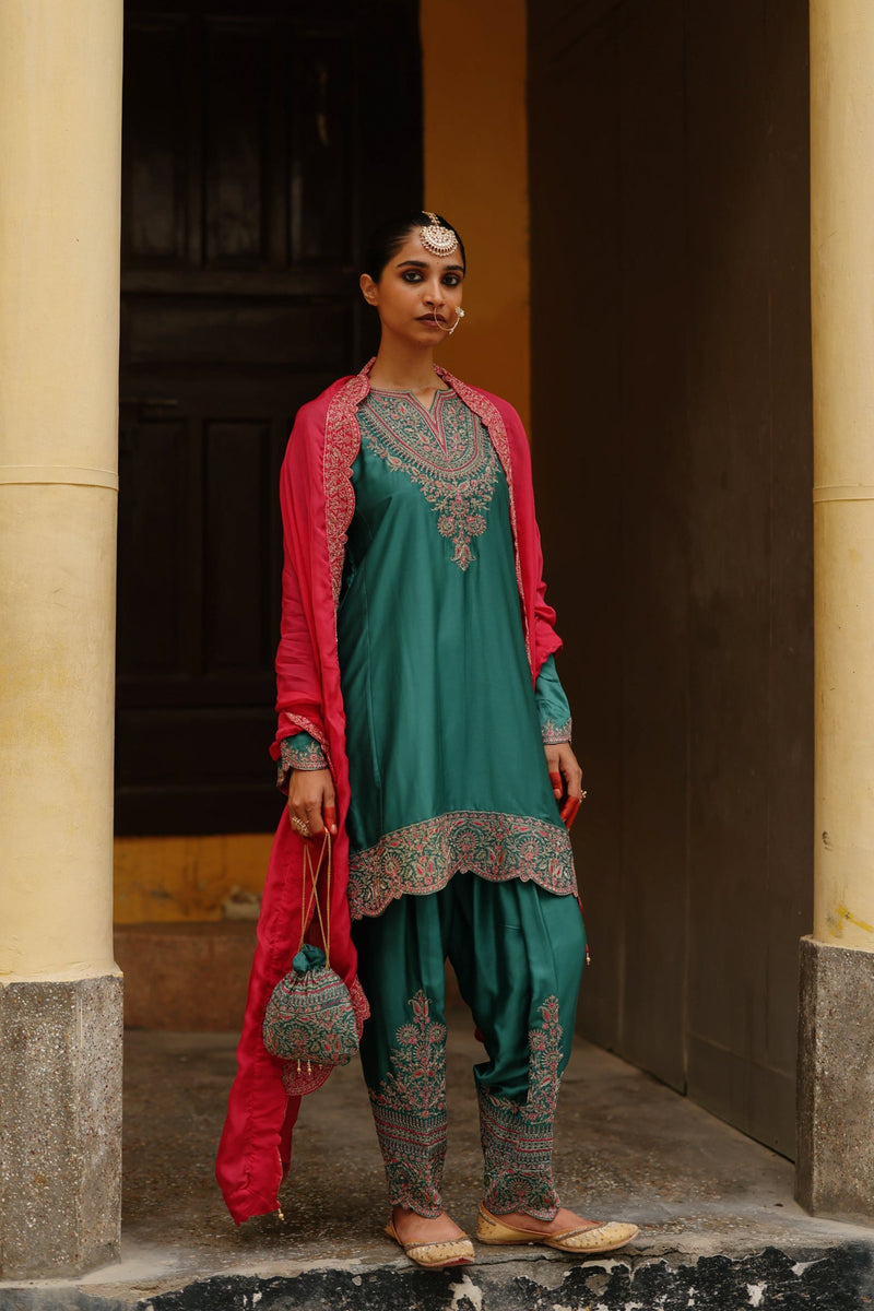 Bottle Green Embroidered Set with Contrast Dupatta- Inchingindia