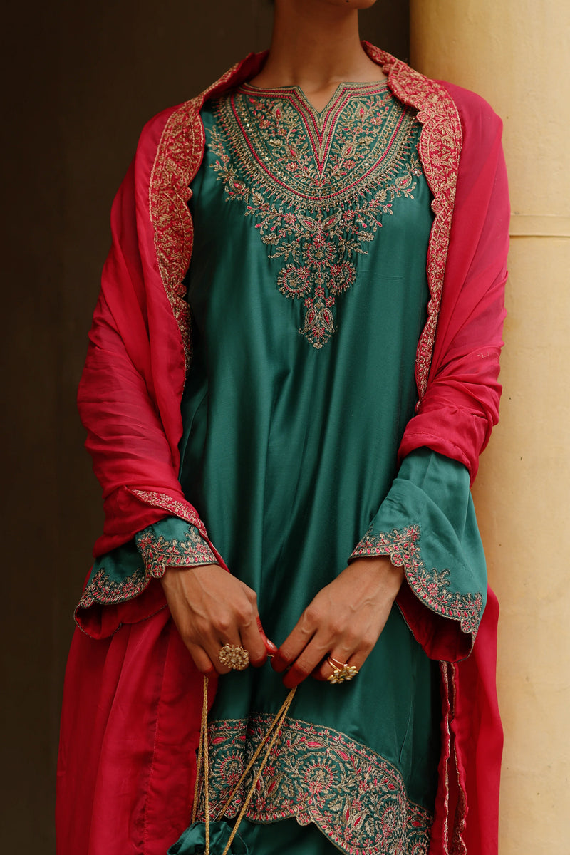 Green Embroidered Set with Contrast Dupatta | Festive Suit Set INCHING INDIA Green Embroidered Set with Contrast Dupatta | Festive Suit Set INCHING INDIA
