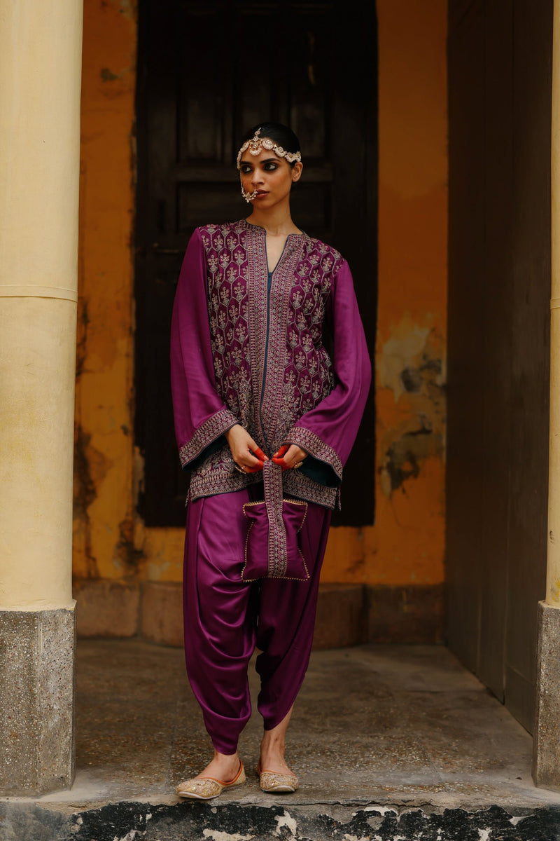 Parv Wine Embroidered Suit Set- Inchingindia