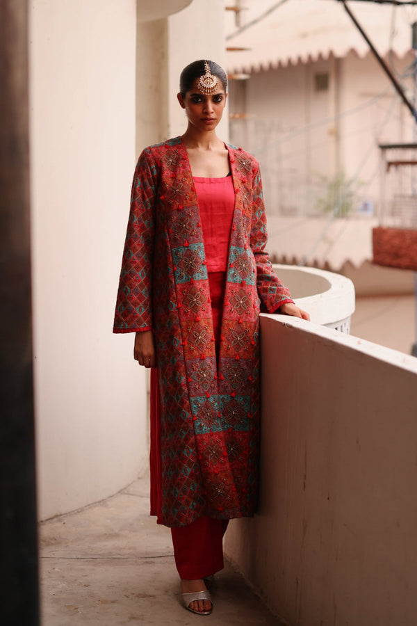 Crimson Hand Embroidered Jacket Pant Set