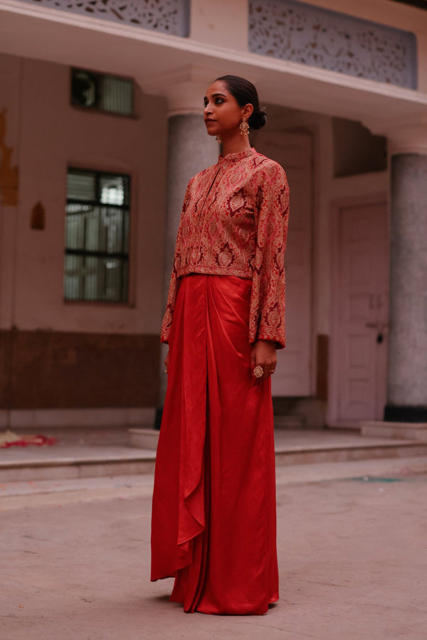 Scarlet Embroidered Jacket with Drape Skirt Dress