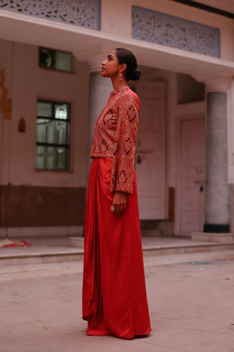 Scarlet Embroidered Jacket with Drape Skirt Dress