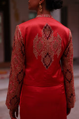 Scarlet Embroidered Jacket with Drape Skirt Dress