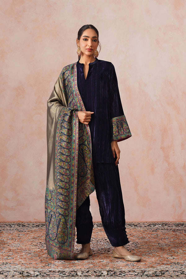 Navy Crush Velvet Suit with Kaani Zari Dupatta