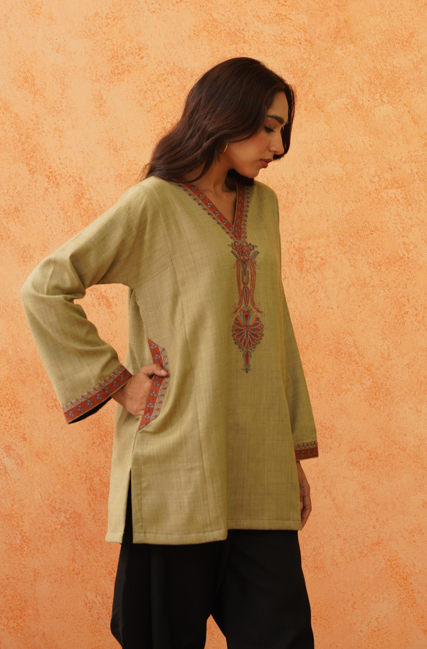 Safar Green Wool Set with Dhoti