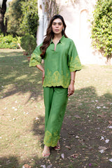 Ziya Green Linen Cutwork Embroidered Set