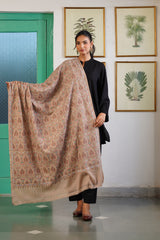 Beige wool blend shawl with multicolour floral jaal embroidery