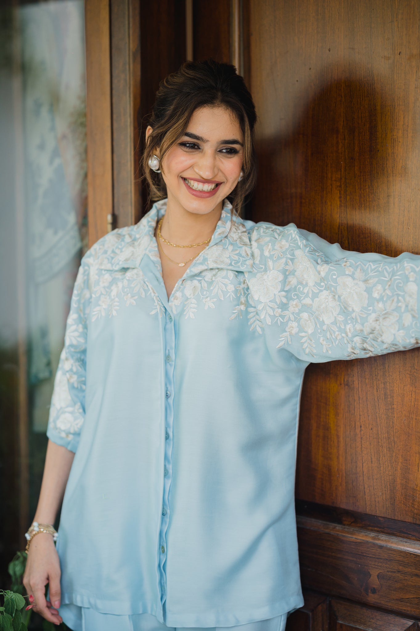 Light Blue Floral Embroidered Co-ord Set – INCHING INDIA