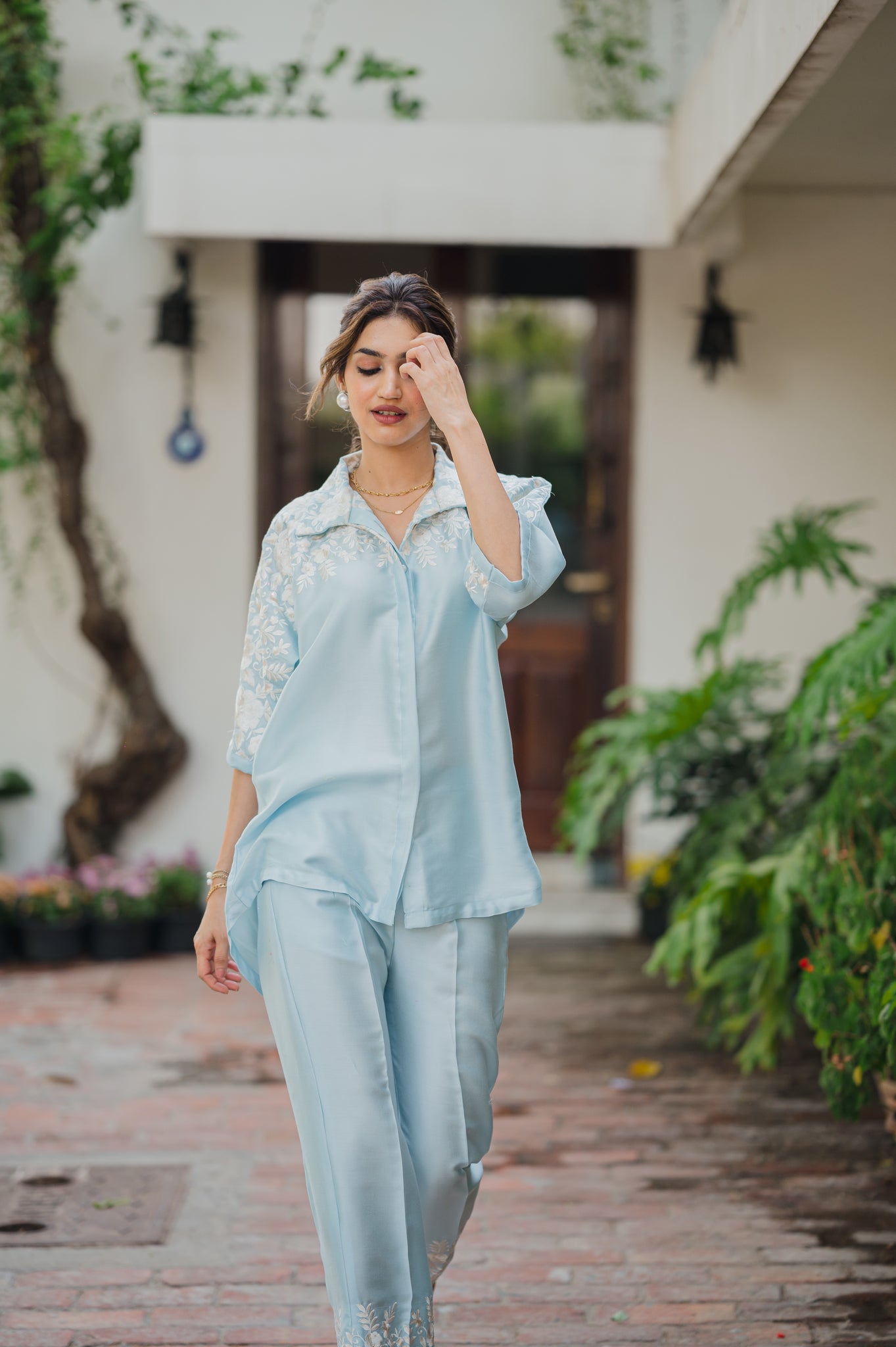 Aqua Blue Floral Sequin Embroidered Co-Ord Set for Women | Cotton Party Wear Outfit USA main image 1