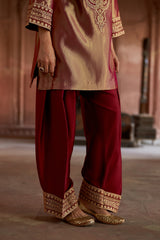 Jashn Gold Maroon Tissue Embroidered Farshi Set, gold maroon tissue kurta with modal farshi and organza dupatta, image 7 of 11