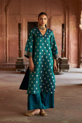 Jashn Teal Brocade Kurta Set, teal satin brocade kurta with striped brocade pants, image 1 of 7