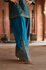 Jashn Teal Ikkat Brocade Farshi Set, teal ikkat brocade kurta with embroidered modal farshi, image 13 of 13