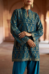 Jashn Teal Ikkat Brocade Farshi Set, teal ikkat brocade kurta with embroidered modal farshi, image 11 of 13
