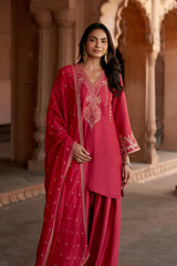 Jashn Rani Pink Orange Zari Farshi Set, rani pink kurta with orange zari embroidery, farshi and organza dupatta, image 5 of 12