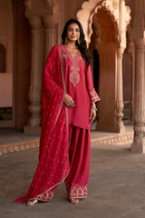 Jashn Rani Pink Orange Zari Farshi Set, rani pink kurta with orange zari embroidery, farshi and organza dupatta, image 9 of 12