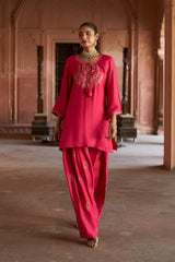 Jashn Hot Pink Embroidered Farshi Set, hot pink modal kurta with embroidered farshi and organza dupatta, image 6 of 10