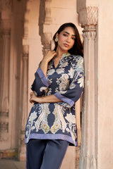 Jashn Navy Contrast Printed Co-ord Set, navy paisley print modal tunic with straight pants, image 4 of 11