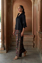 Jashn Black Brocade Co-ord Set, black satin shirt with peacock brocade wide-leg pants, image 6 of 6